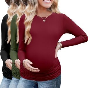 Ekouaer Maternity Long Sleeve Top Bundle - Red, Green, Black